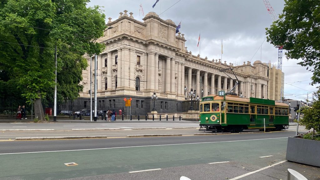 Parliament House Victoria with tram