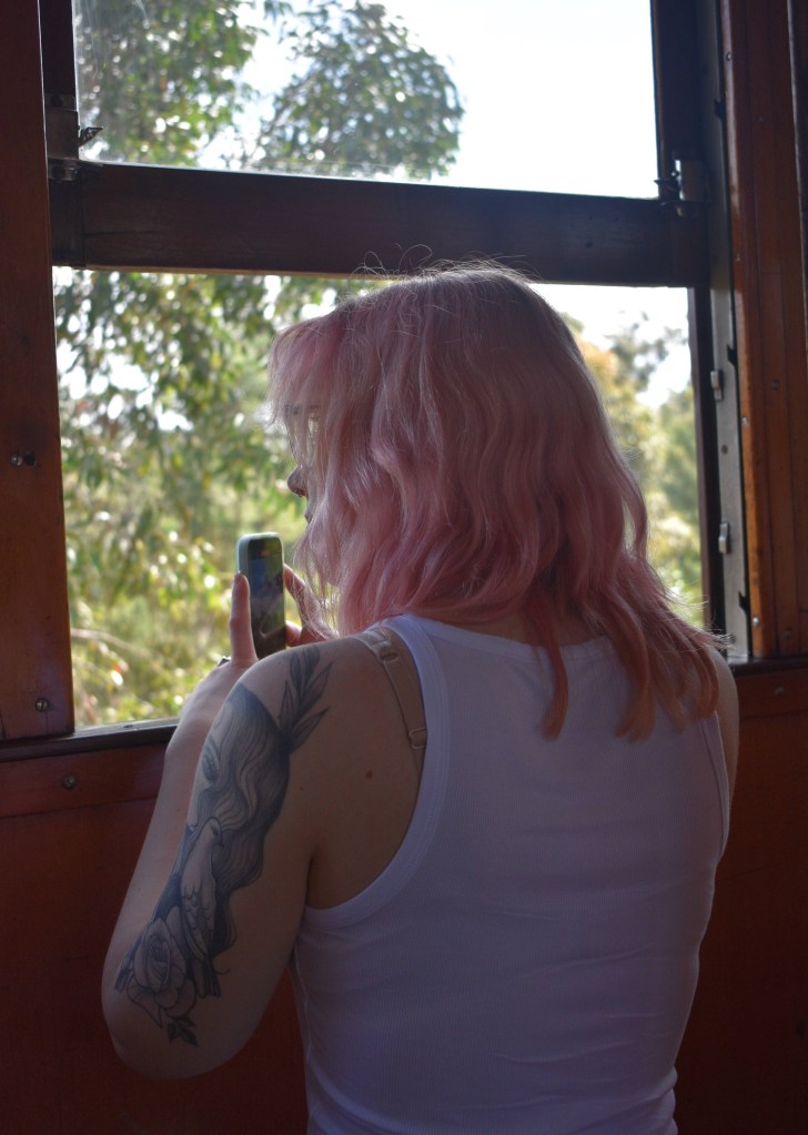 person looking out of train window