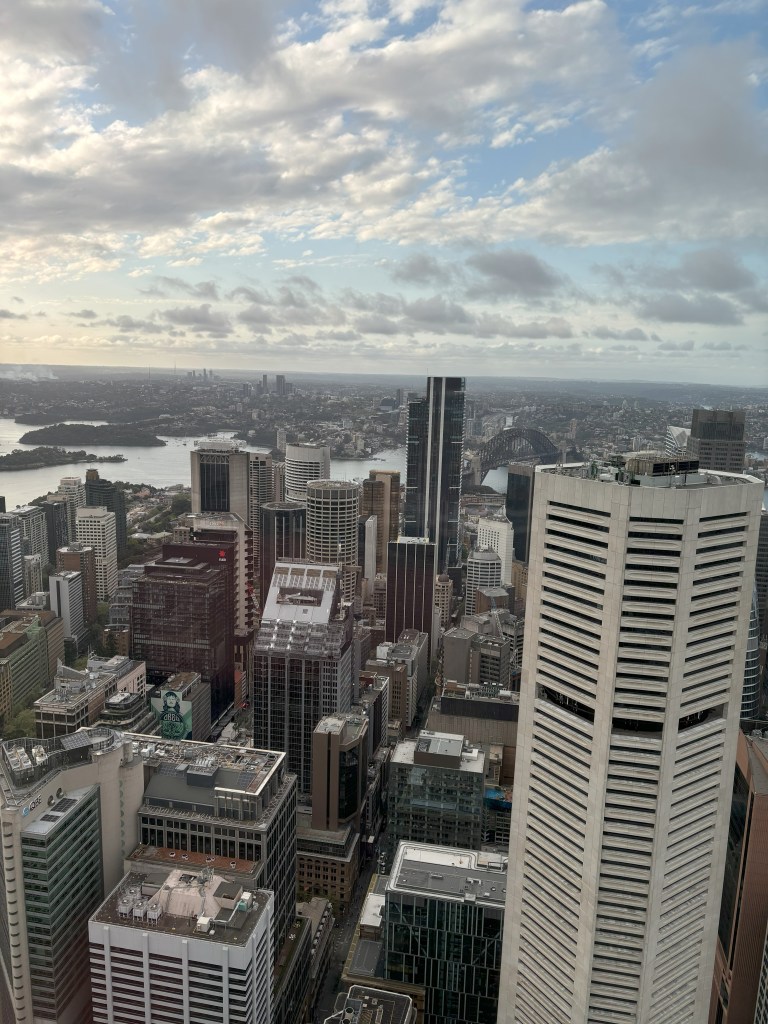 view over Sydney high-rises and Harbour Bridge