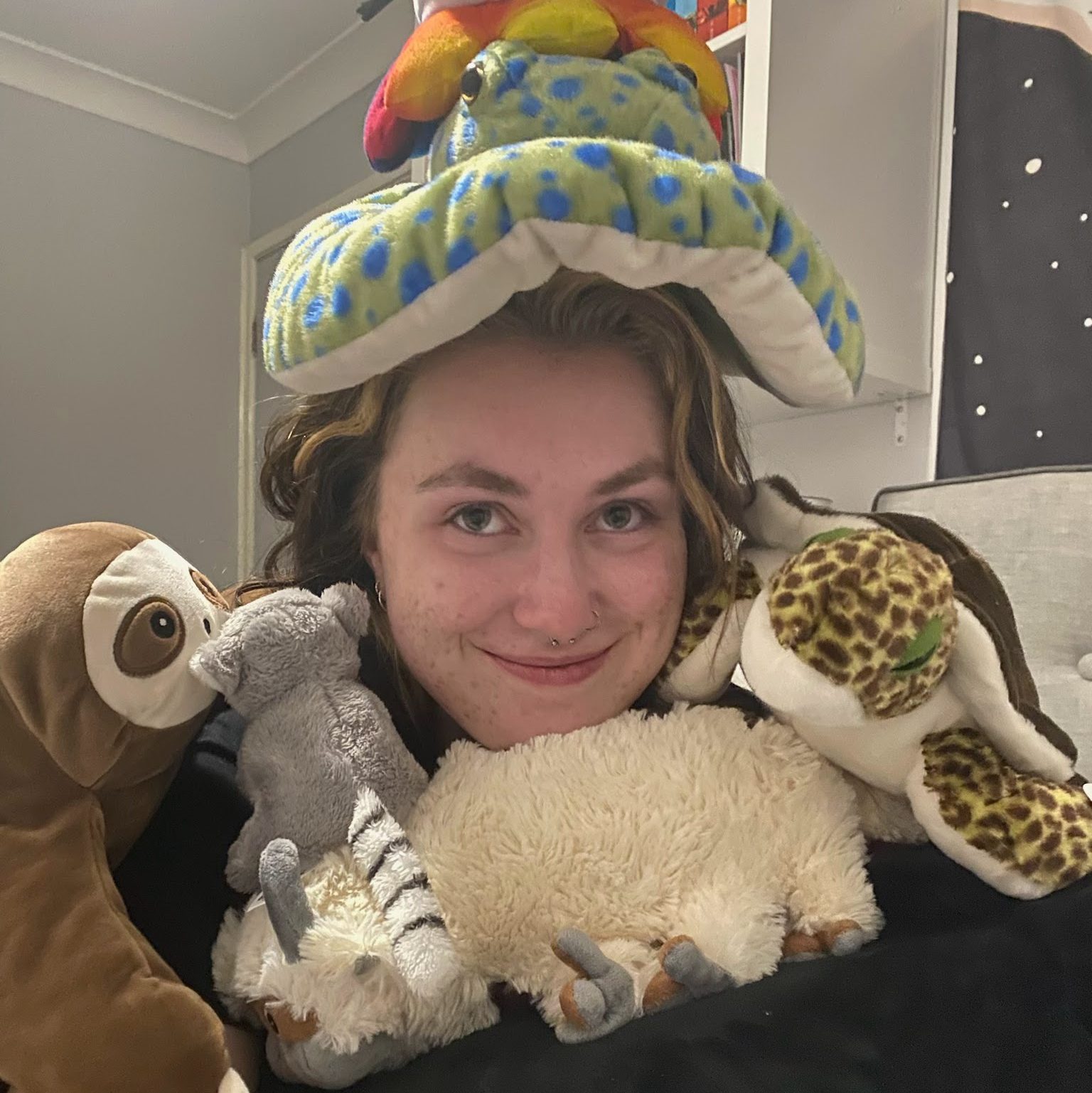 Author covered in stuffed animals