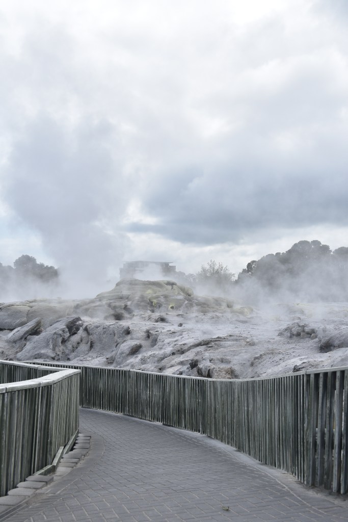 walkway through steaming geothermal park