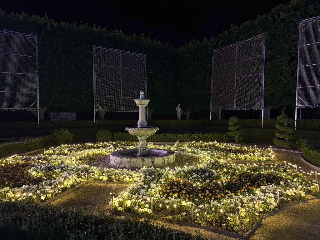 fountain in dark garden lit up by fairy lights