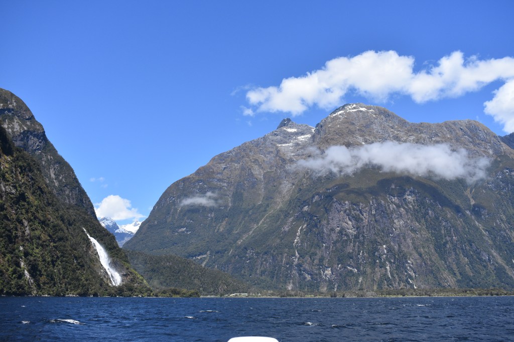 Milford Sound mountains with waterfall